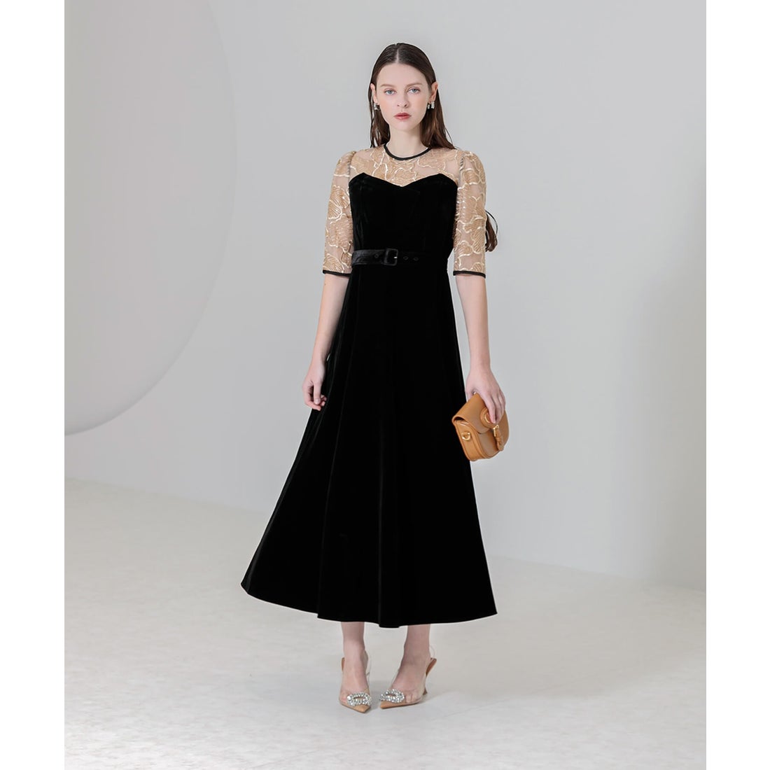 レジャ Leja ビスチェ風ウエストベルト付き花柄レースキラキラ刺繍