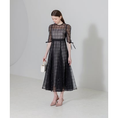 レジャ Leja チェック刺繍スパンコールチュール素材袖リボン