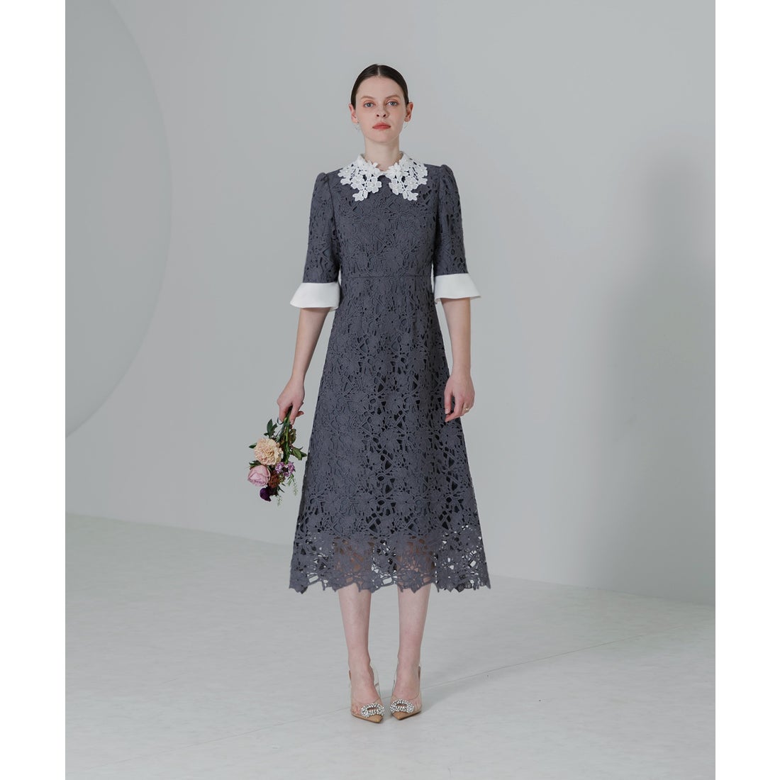 レジャ Leja 花柄レースカラースパンコール刺繍Aラインフレアドレス