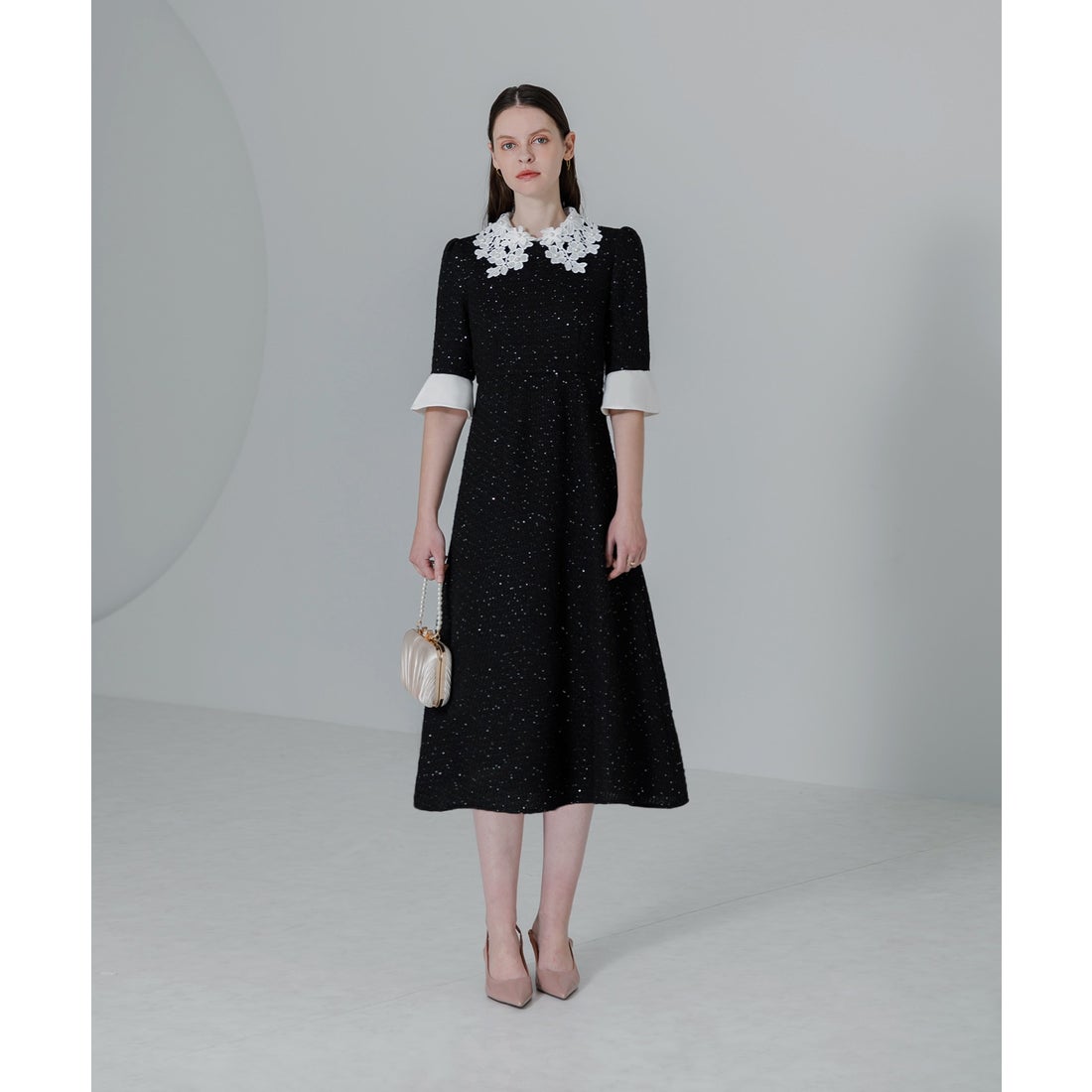 レジャ Leja 花柄レースカラースパンコール刺繍Aラインフレアドレス