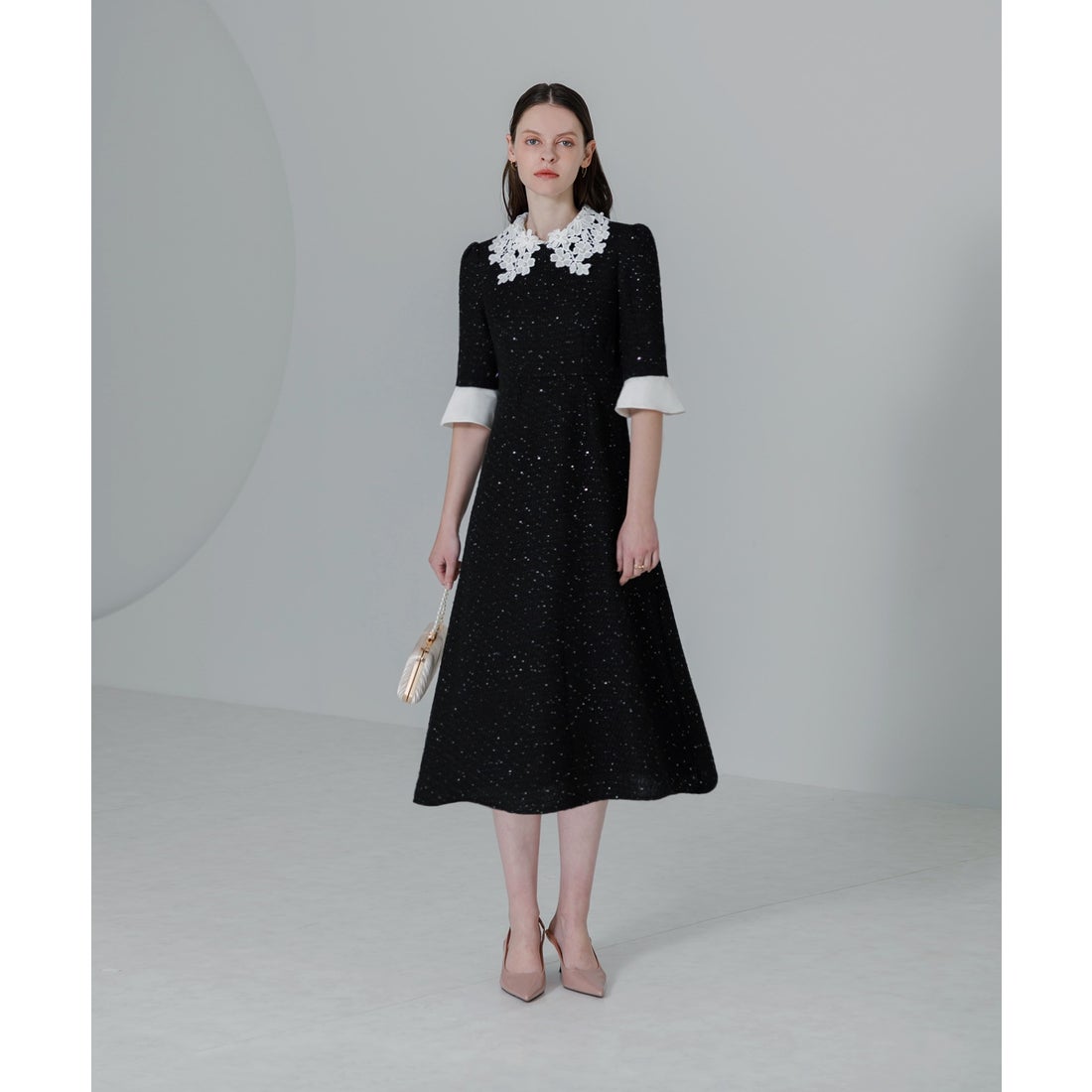 レジャ Leja 花柄レースカラースパンコール刺繍Aラインフレアドレス