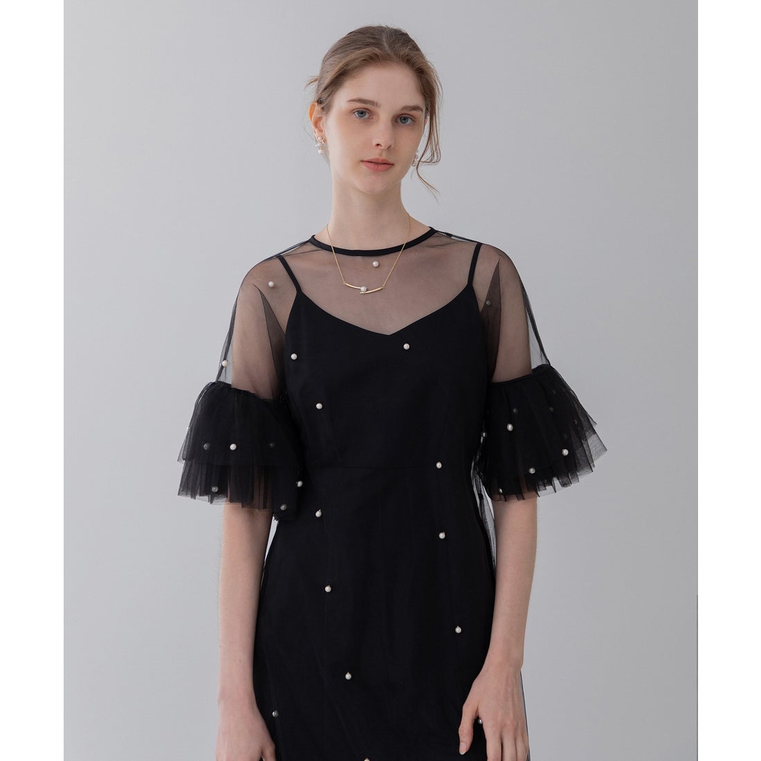 レジャ Leja ティアードフリルスリーブレイヤードパールワンピース