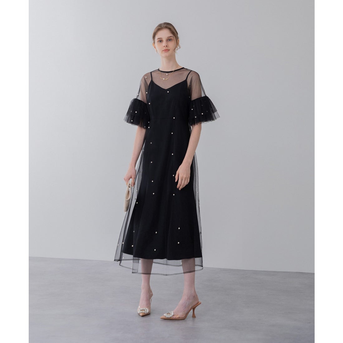 レジャ Leja ティアードフリルスリーブレイヤードパールワンピース