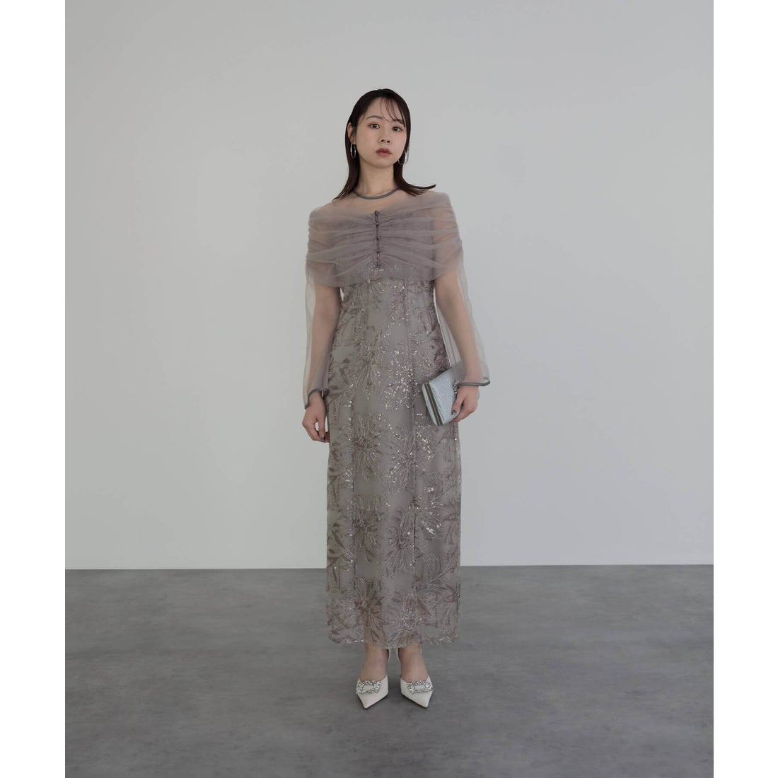 レジャ Leja チュールオフショルダー花柄Iラインドレスワンピース美脚