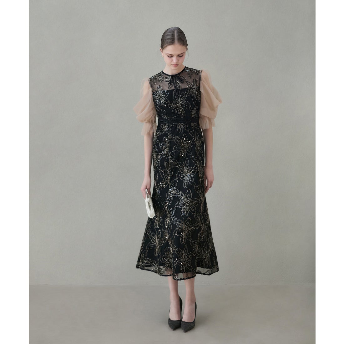 レジャ Leja スパンコールフラワーリボンチュールワンピースドレス