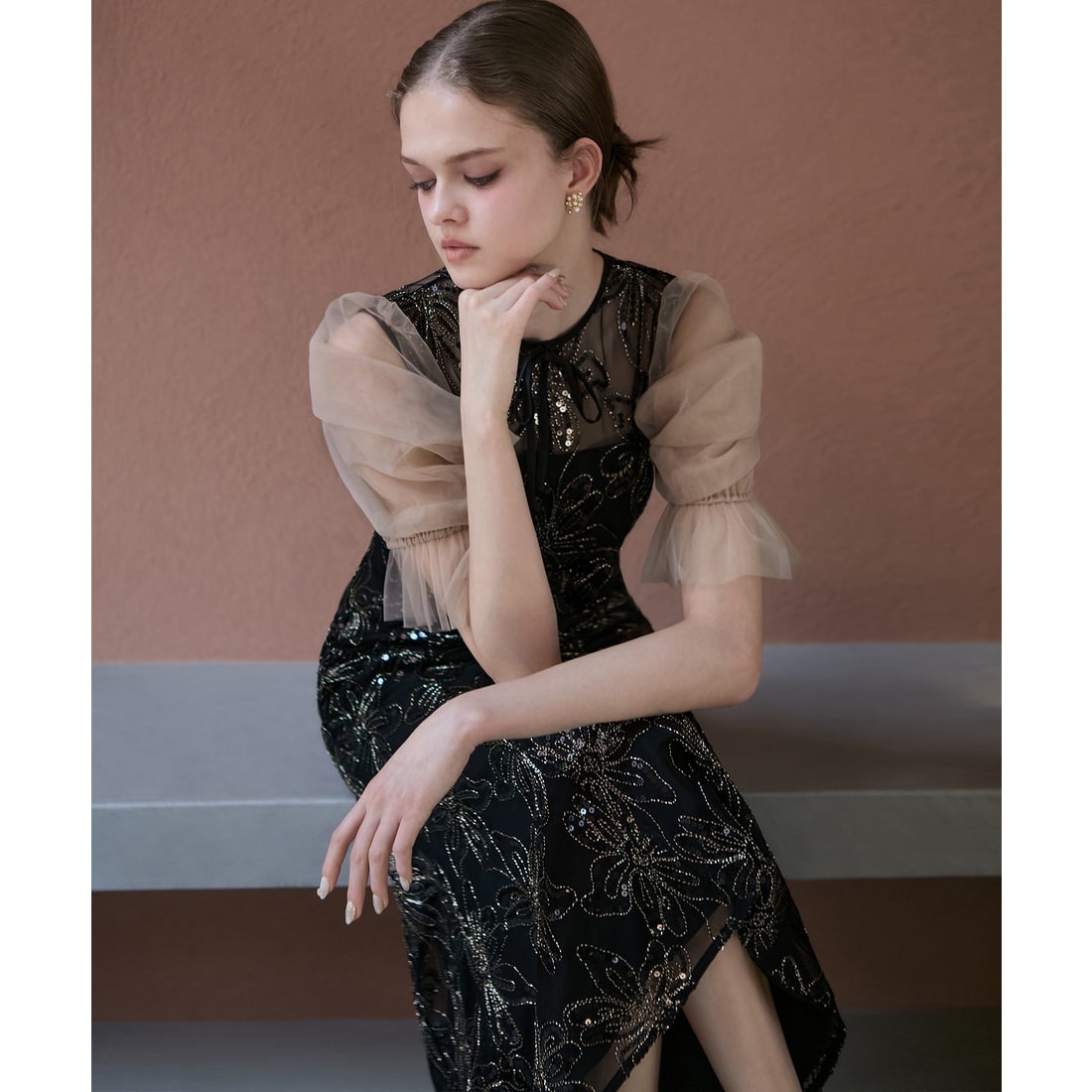 レジャ Leja スパンコールフラワーリボンチュールワンピースドレス