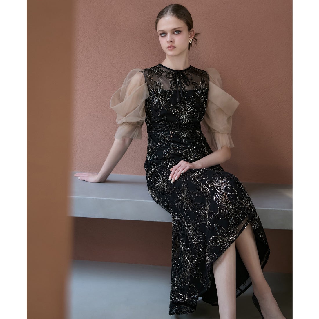 レジャ Leja スパンコールフラワーリボンチュールワンピースドレス