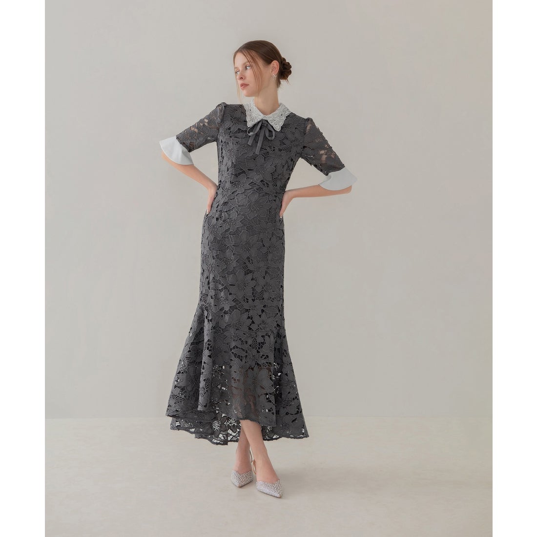 レジャ Leja パールカラーボウタイフラワーレースフィッシュテール