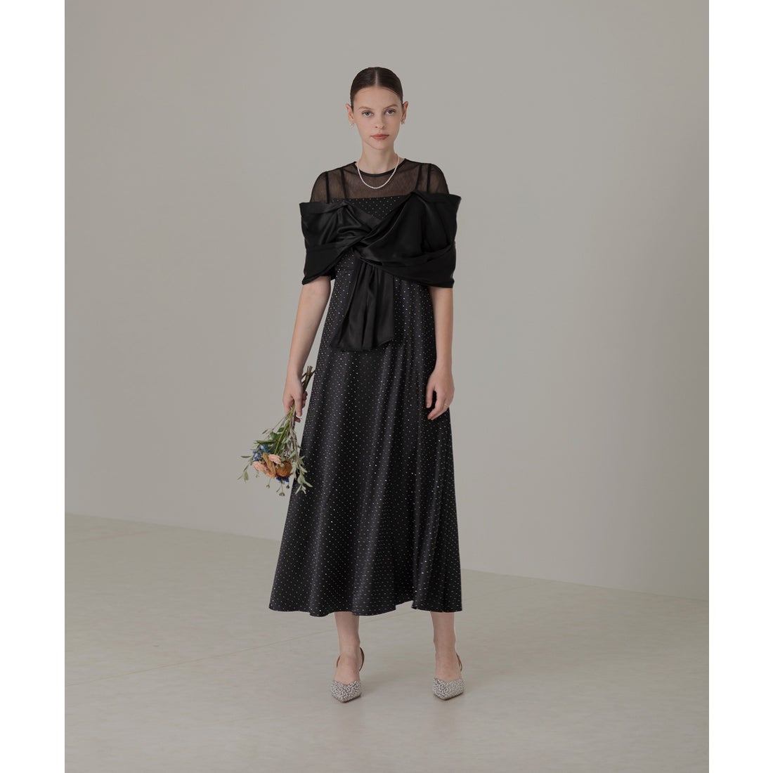 レジャ Leja 2WAYフロントリボンボレロストーンドット柄Aラインドレス