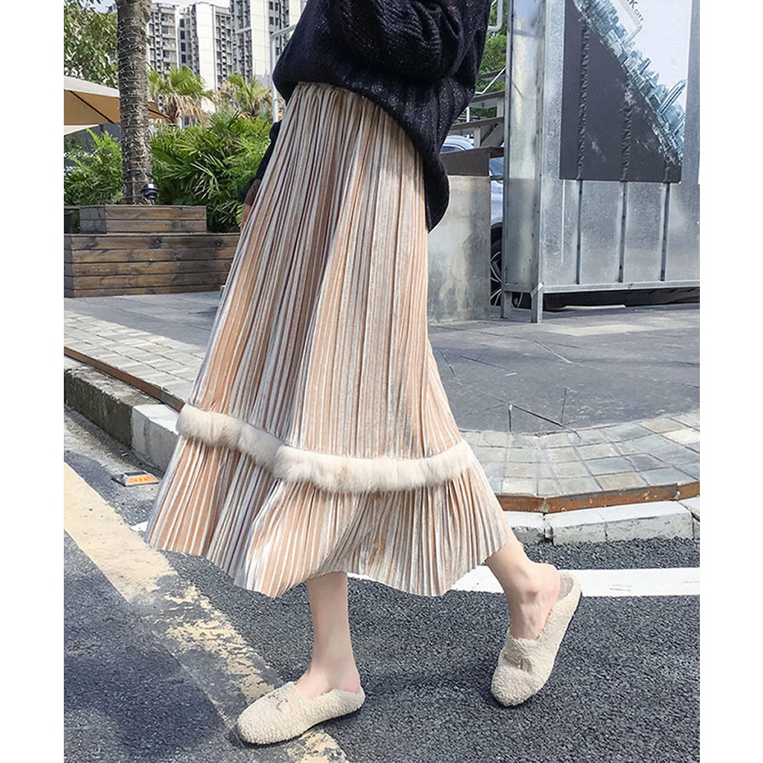 ファー付き 中綿スカート 保温 サイズ1 メタリックベージュ 新品 秋冬