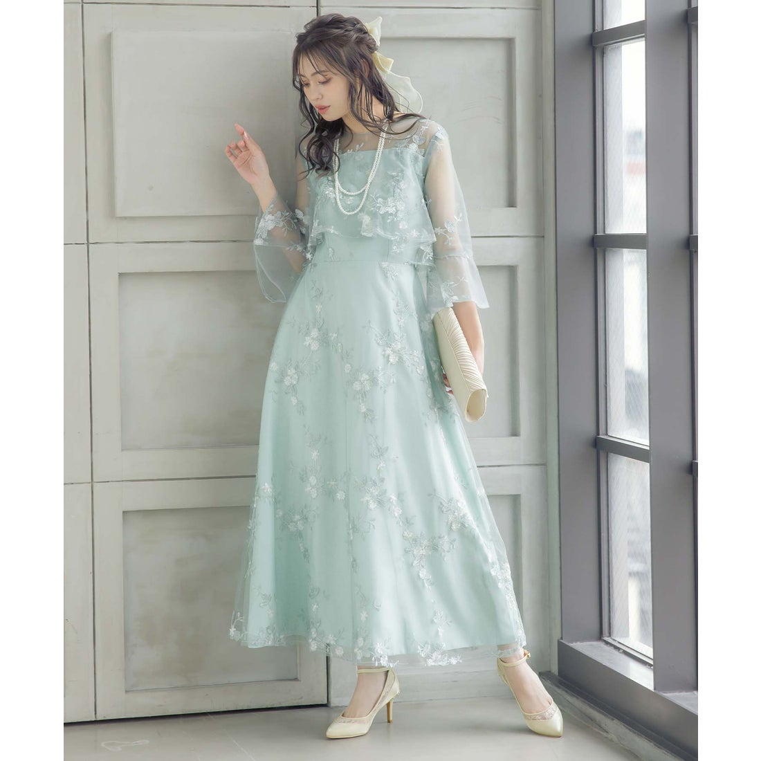 レティカ Retica パーティードレス シースルー 七分袖 花柄 刺繍