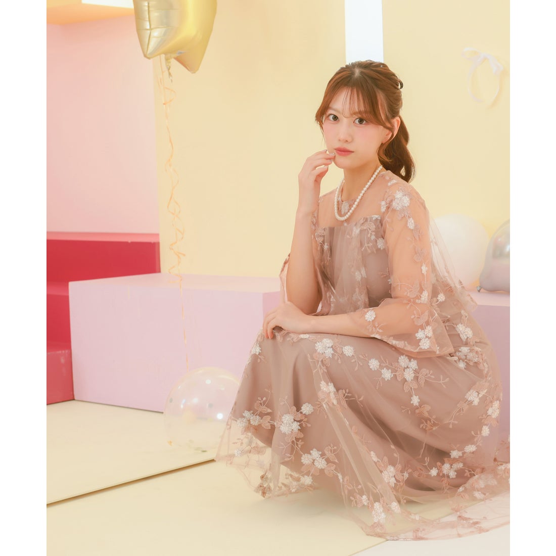 レティカ Retica パーティードレス シースルー 七分袖 花柄 刺繍