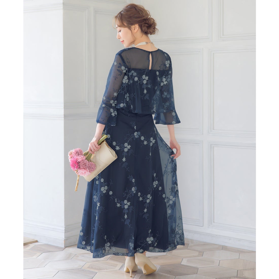 レティカ Retica パーティードレス シースルー 七分袖 花柄 刺繍