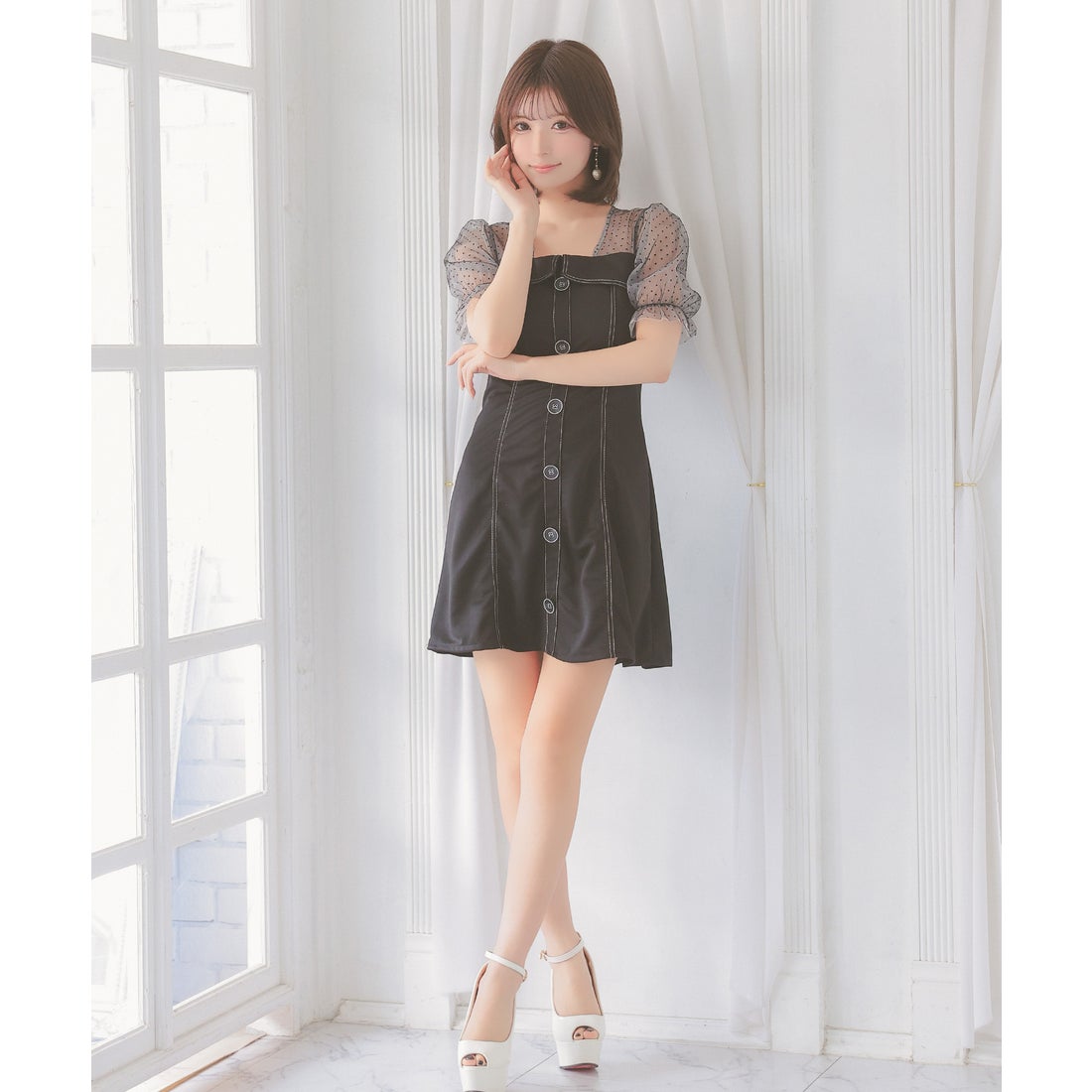 ティカ Tika キャバドレス ドット柄シアー切り替えパフスリーブ半袖