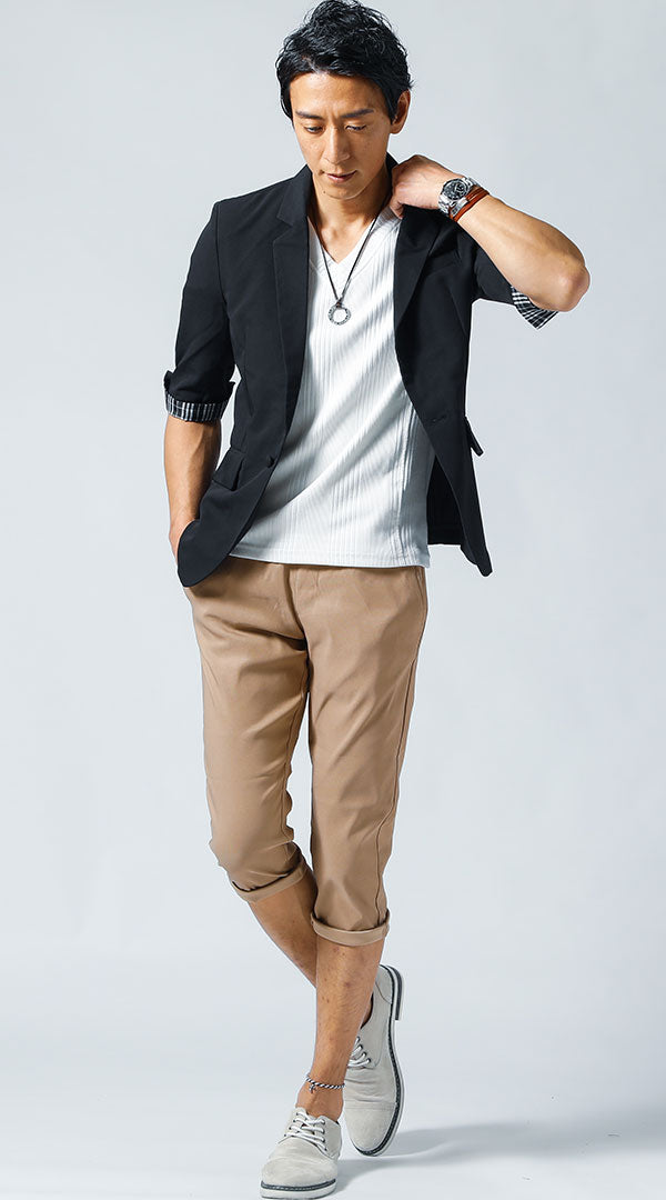 黒ジャケット 白Tシャツ ベージュパンツ snp_jj1353のコーディネート例