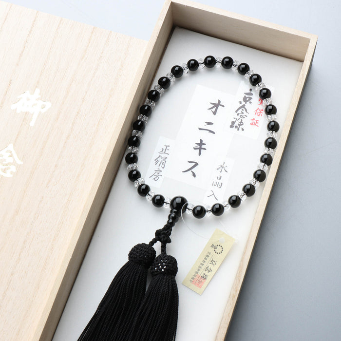 数珠 女性用 黒オニキス7mm 水晶平切子コンビ 上仕立 正絹房 (黒色