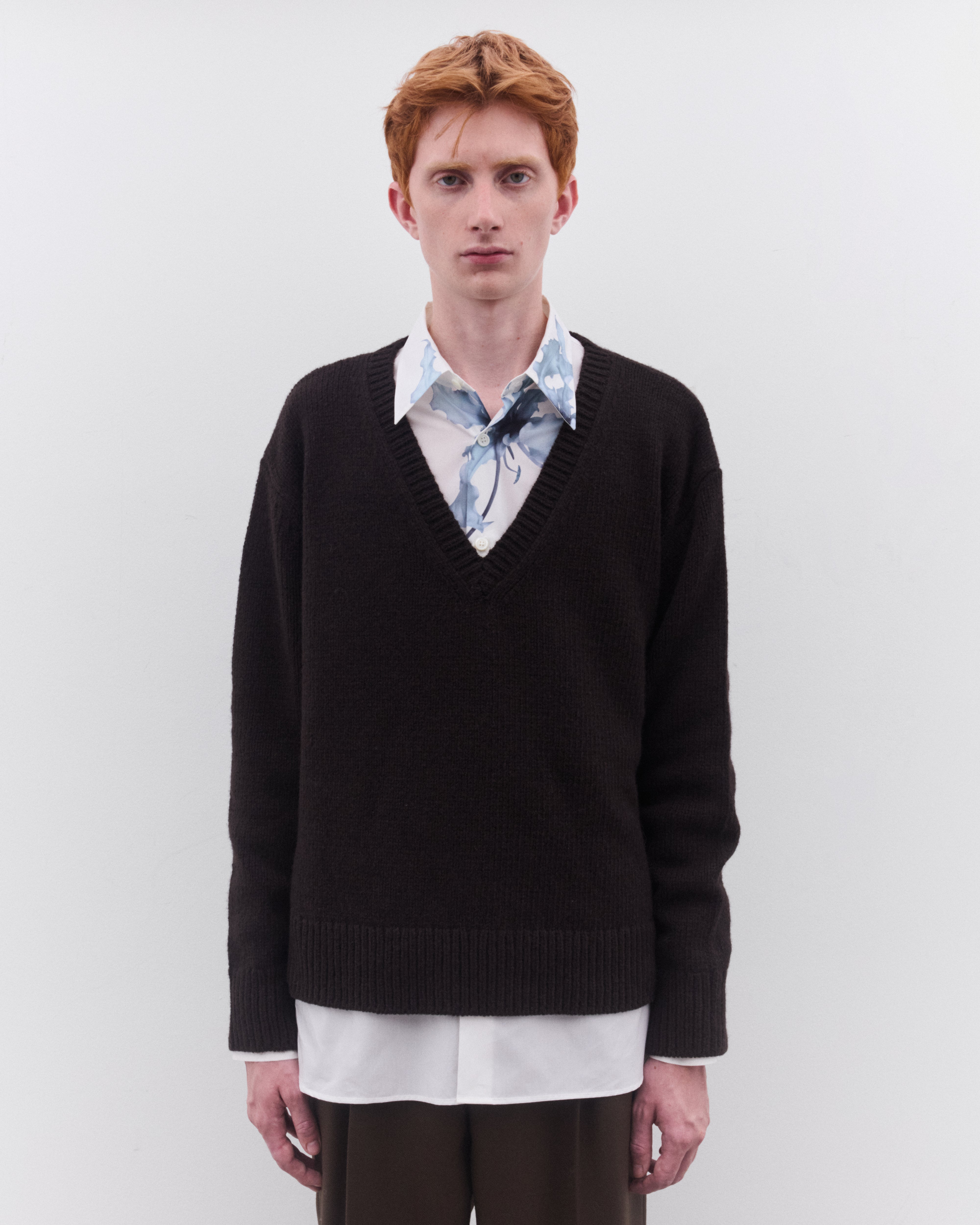 Dries Van Noten: Men's V-Neck Sweater (Dark Brown) | DSML E-SHOP