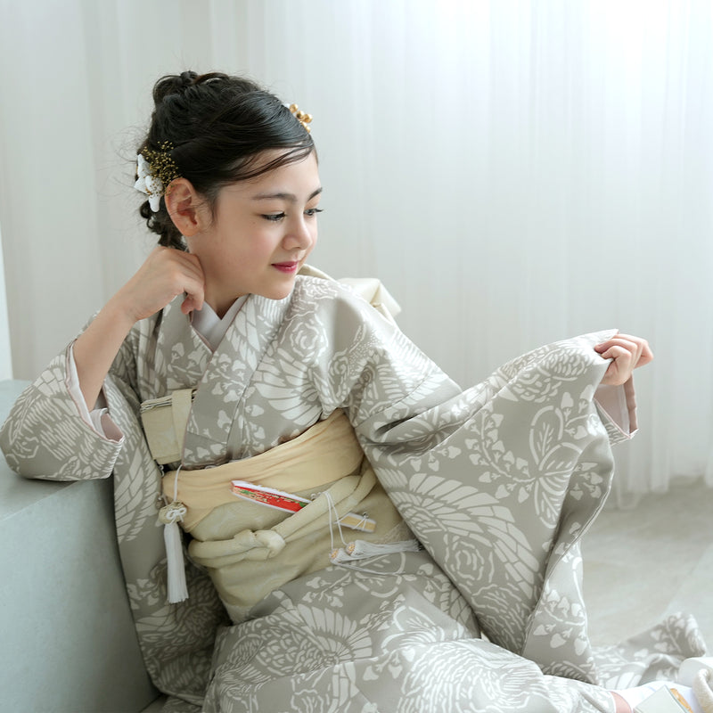 七五三着物 7歳 女の子 着物セット】販売品 四つ身 灰緑鳳凰 ひよこ