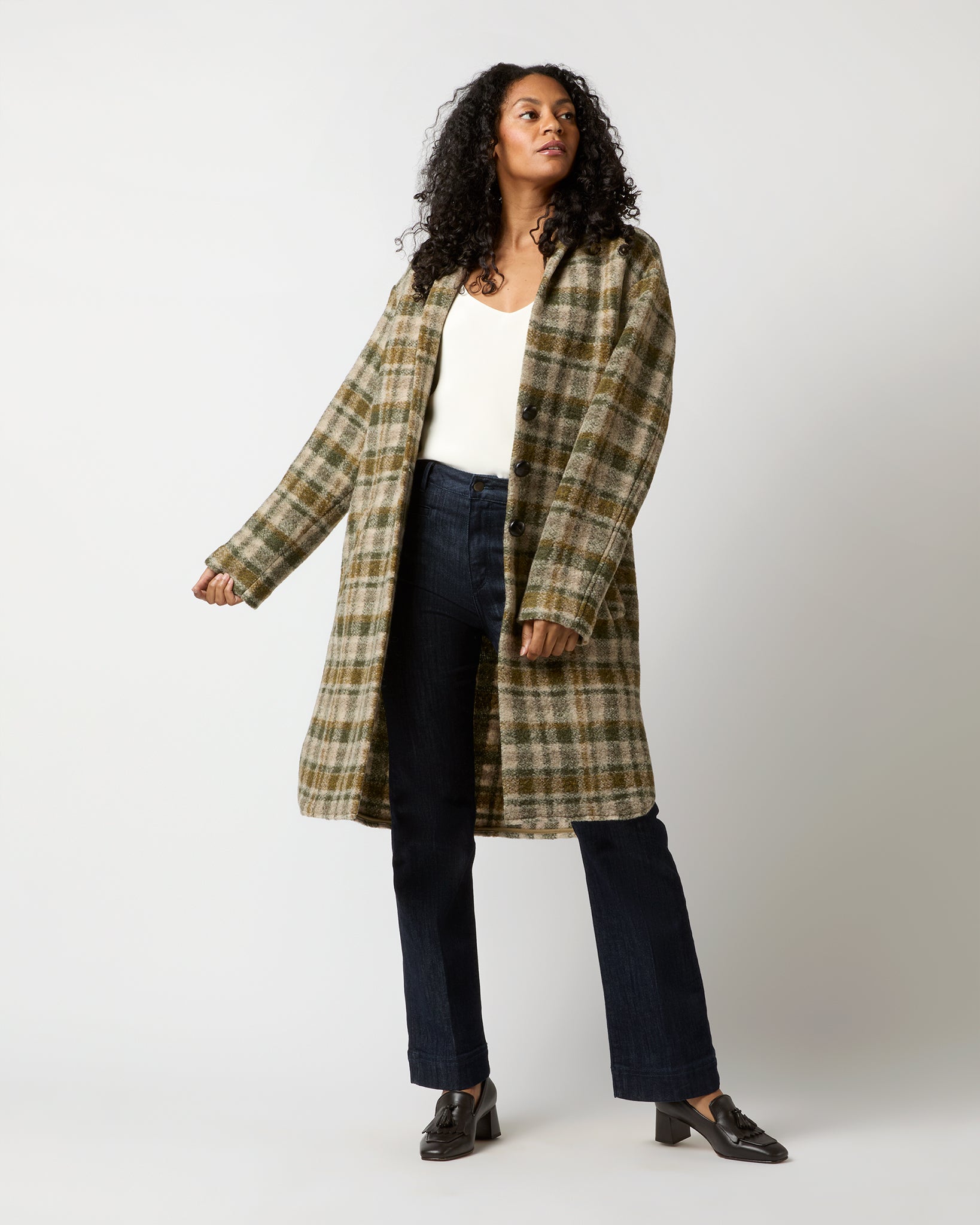 Gabriel Checked Coat in Khaki/Ecru | Shop Ann Mashburn