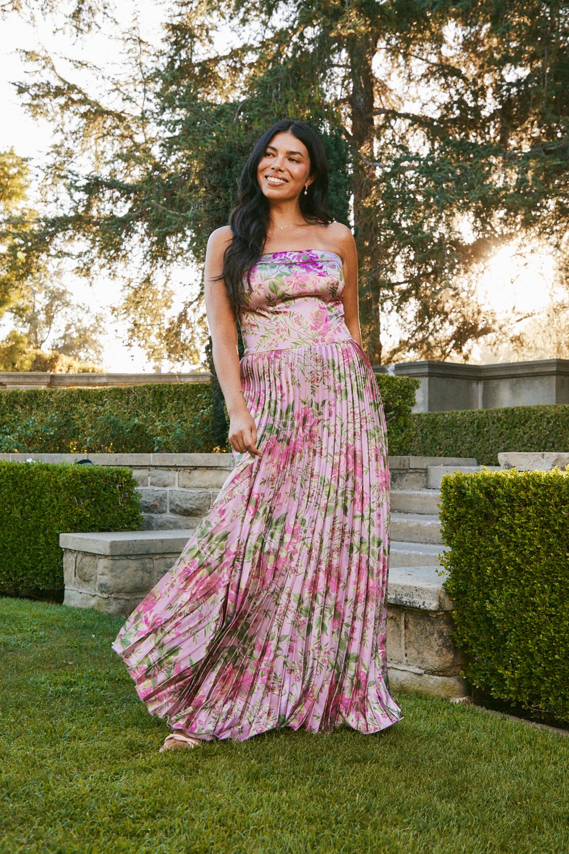 Saylor Satin Pleated Floral Print Dress