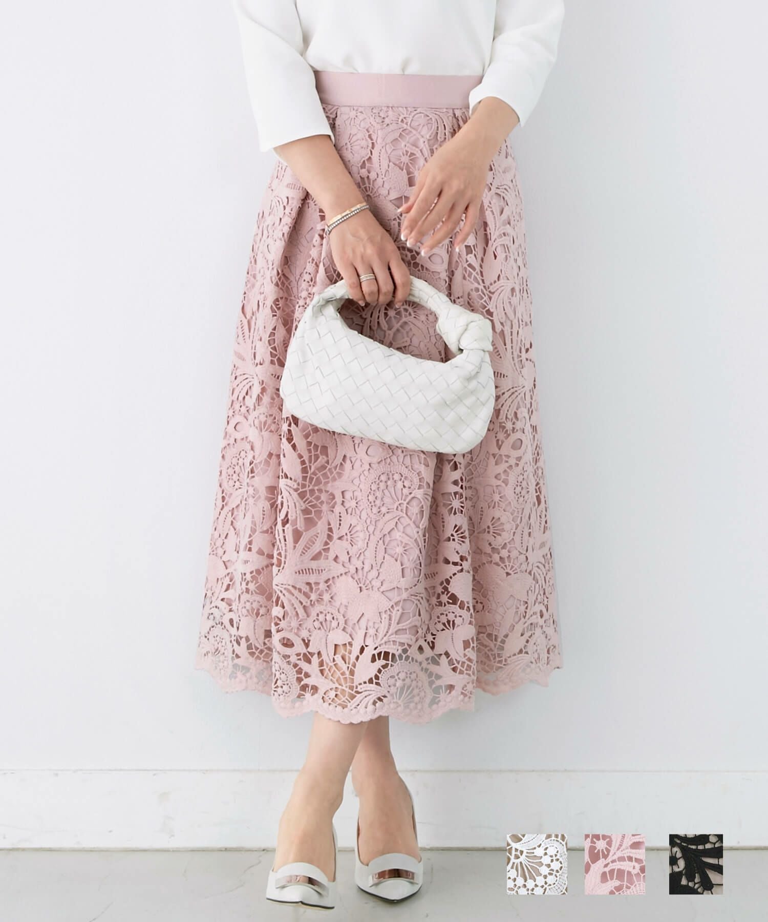 スカート スカラップレース ロング丈 Liala×PG 全3色｜lpg611-0928【2