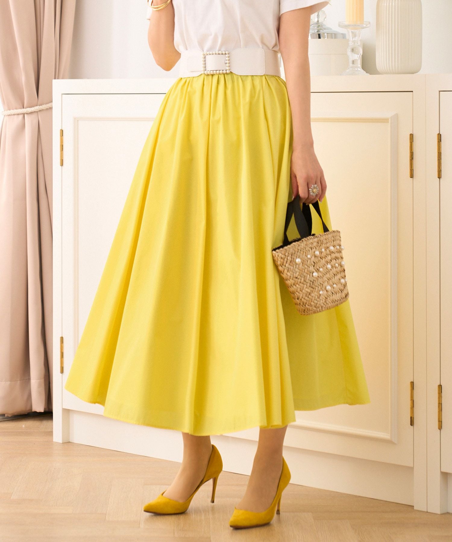 フレア ウエストタック&ゴム仕様 カラー スカート Prima Scherrer 全3