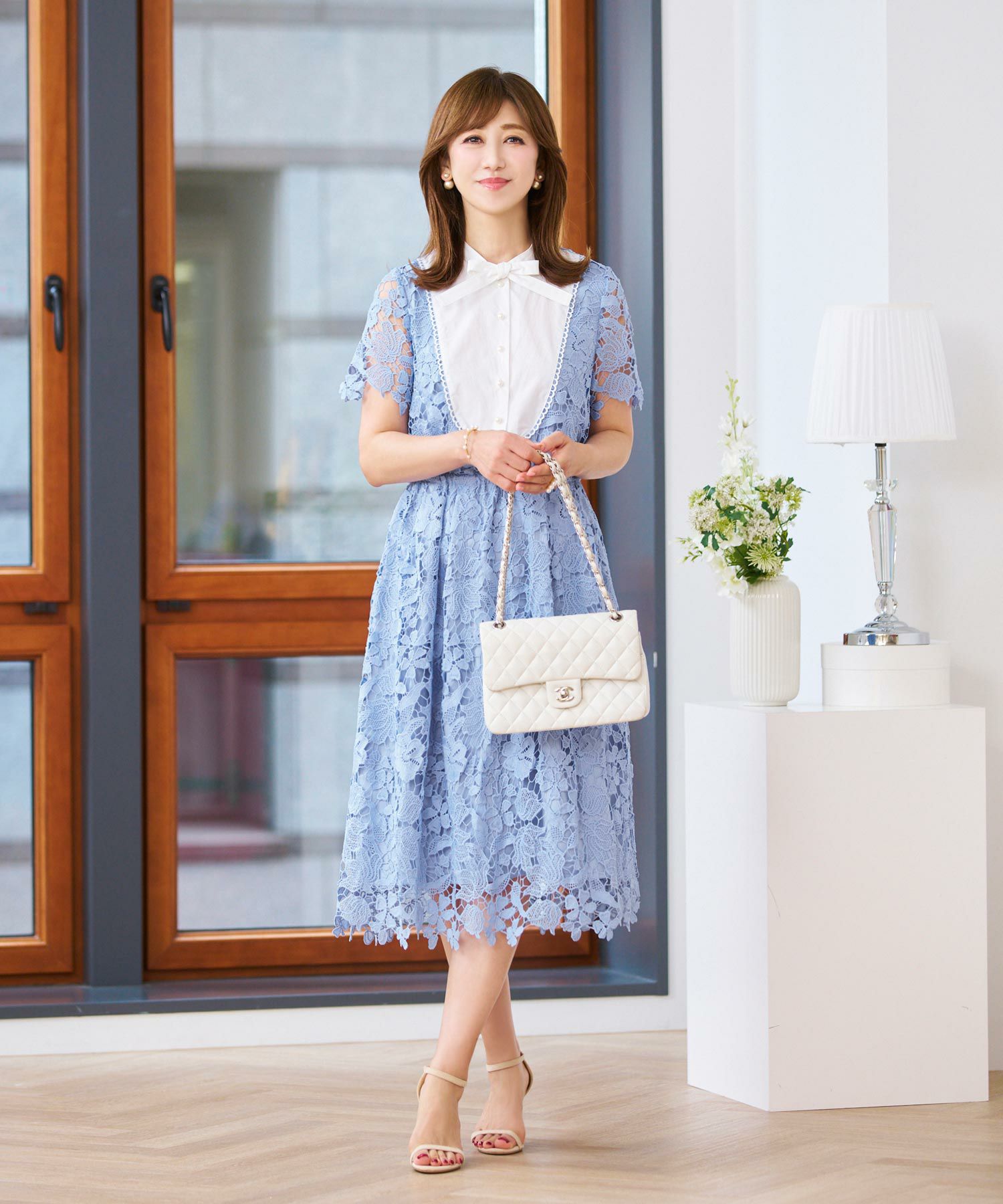 ボウタイリボン 総レース ワンピース 半袖 Prima Scherrer 全3色