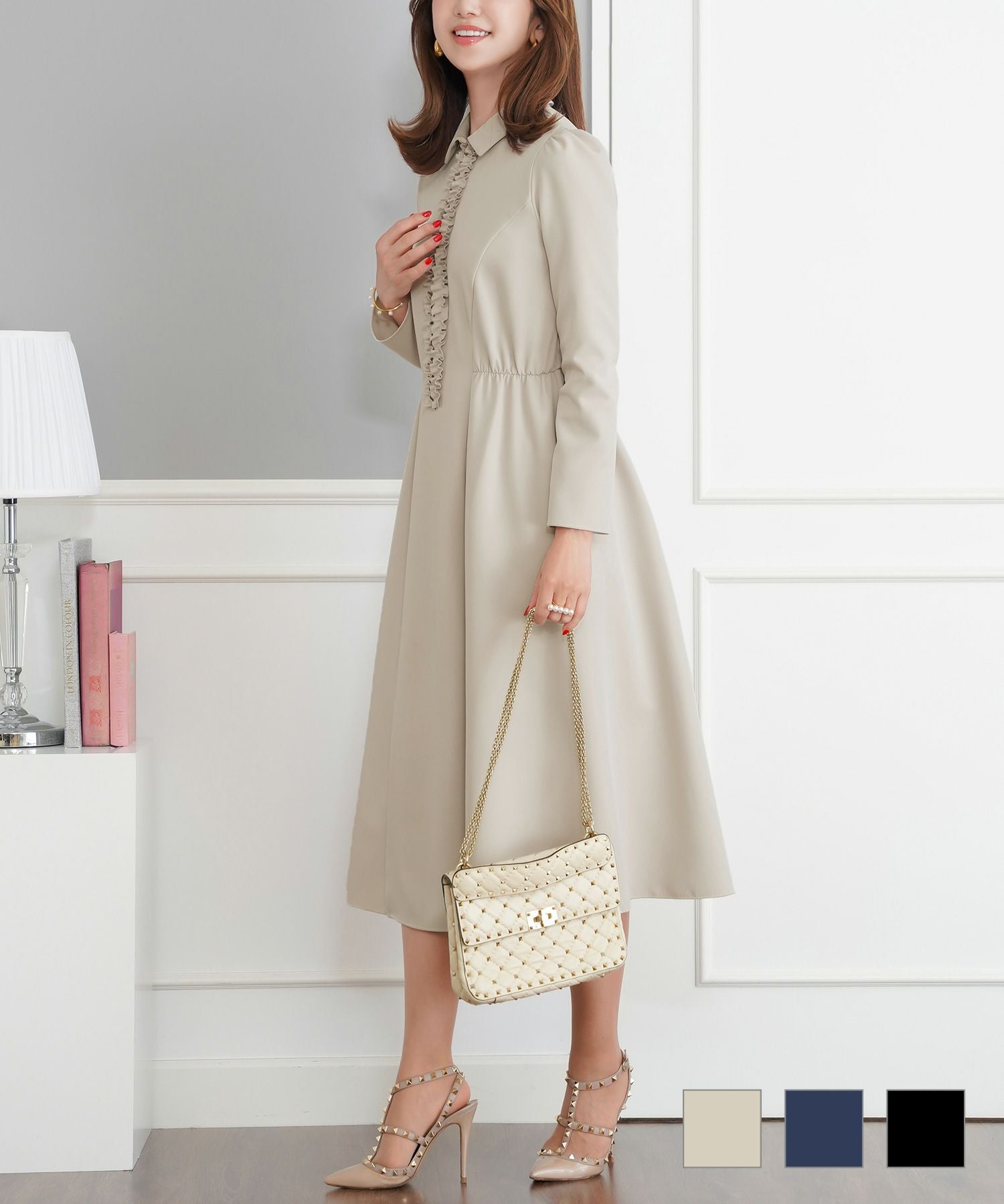 襟付 フロントフリルジップ&フリル ワンピース Prima Scherrer 全3色