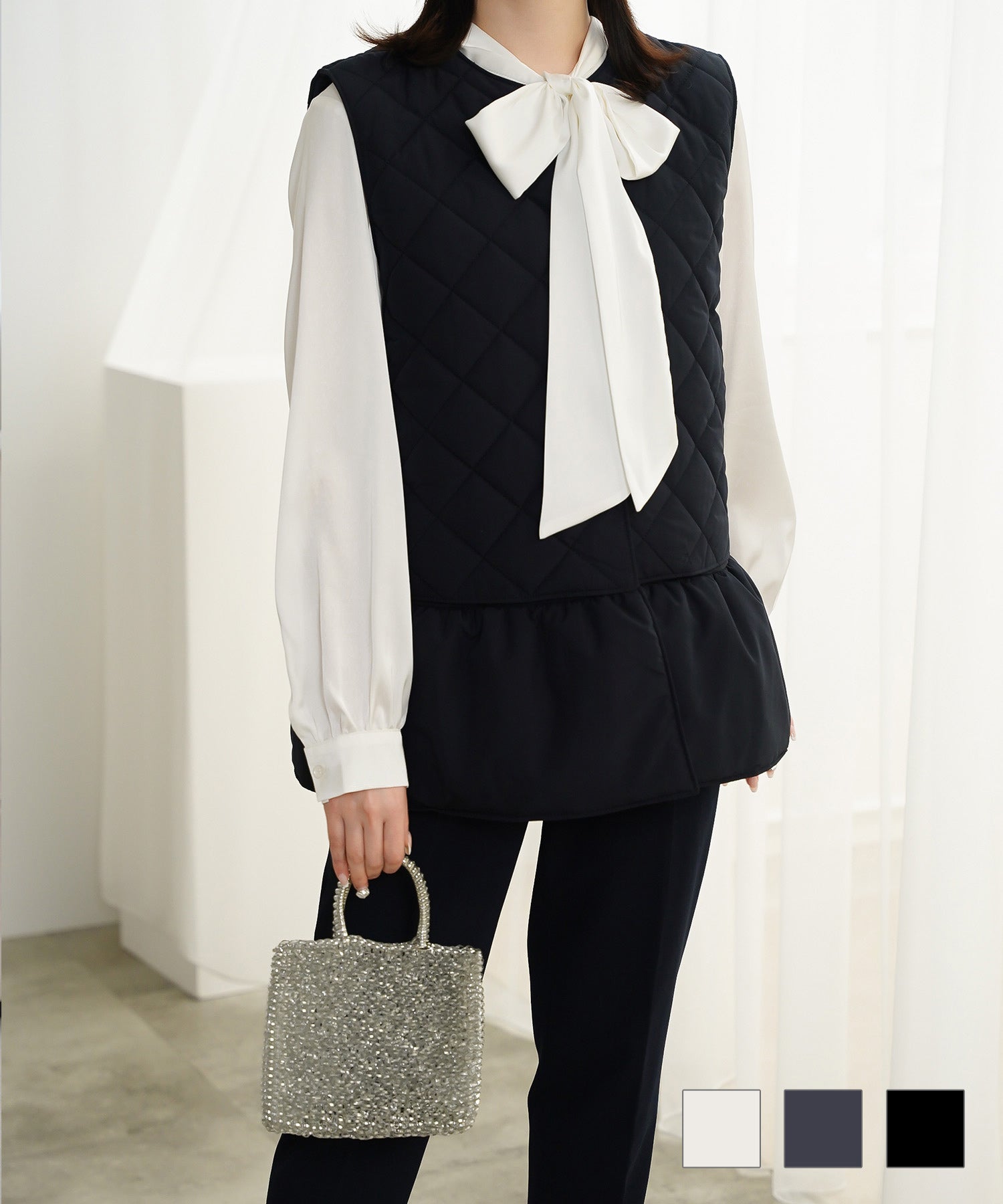 コットンレース フロントリボン マキシ丈 ワンピース HUIT 全2色