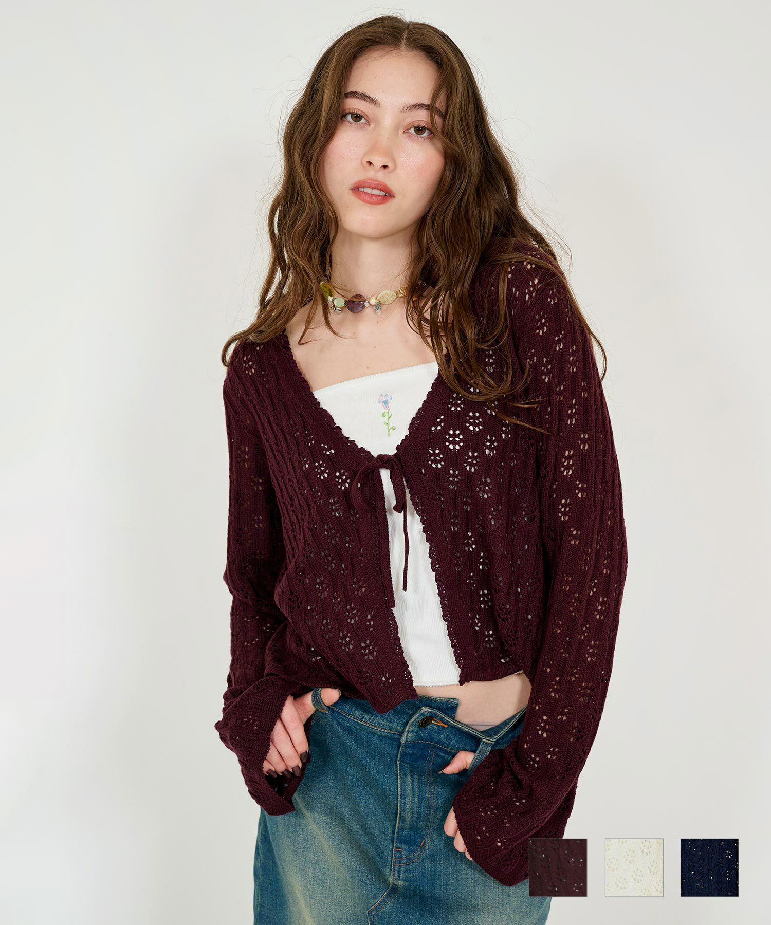 フロントリボン ニットカーディガン TINA：JOJUN 全3色｜tnj411-0580