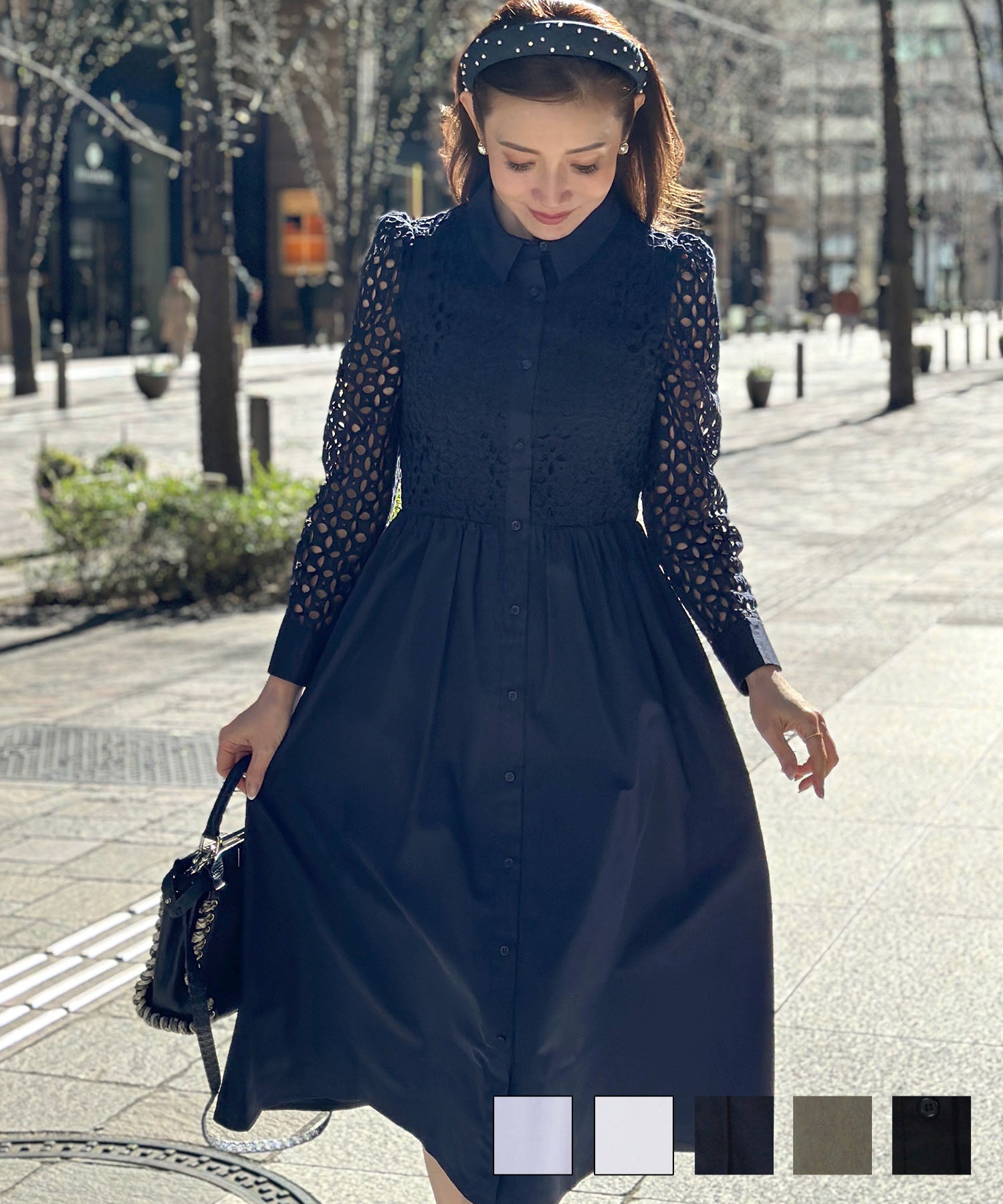 コットンレース 襟付き 長袖 ワンピース Liala×PG 全5色｜lpg311-1580