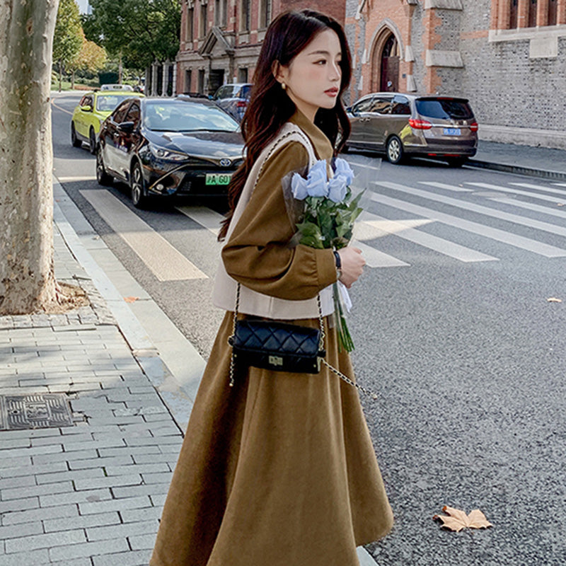 2WAYバイカラーベスト×ワンピースセット 黒・マスタード・キャラメル