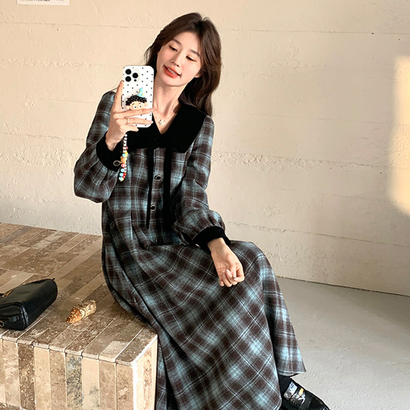 レトロチェック柄ワンピース ブラウン 春/秋/冬 大人可愛い