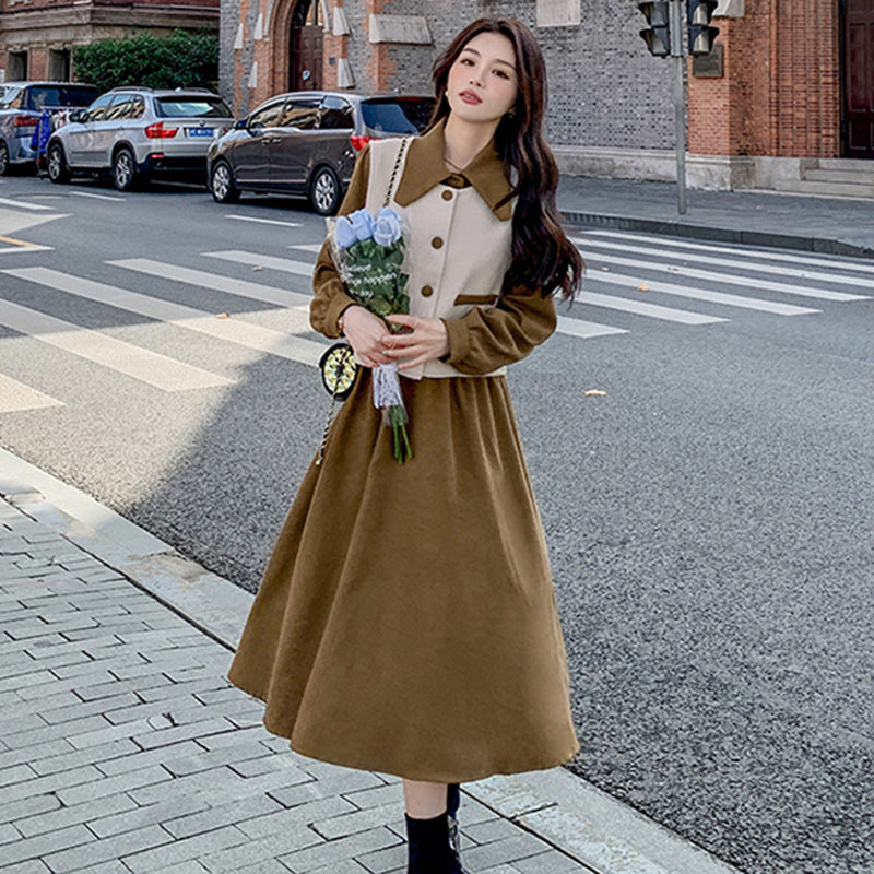 2WAYバイカラーベスト×ワンピースセット 黒・マスタード・キャラメル