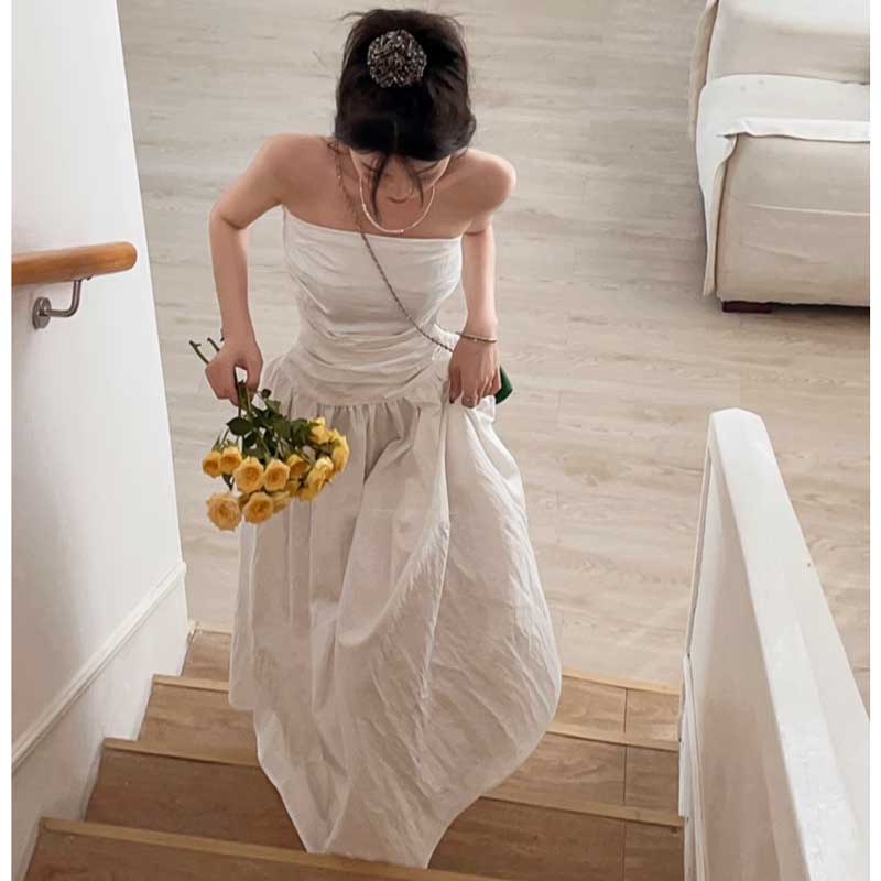 ベアトップドレープワンピース(2colors)（白・ベージュ）春/夏