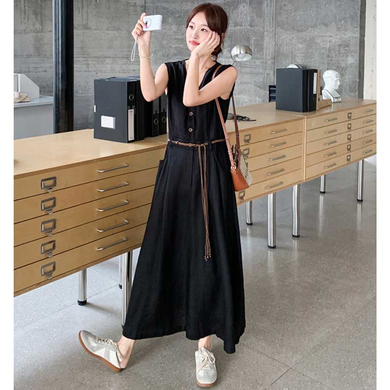 Vネックフロントボタンノースリーブワンピース（黒）春/夏 リラックス