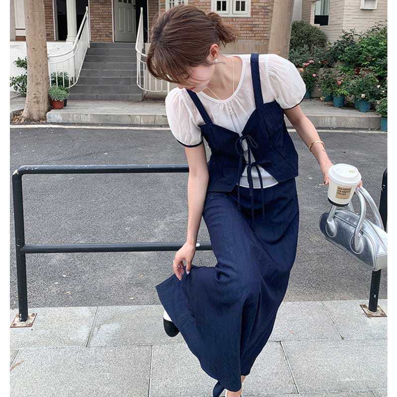 レイヤード風リボンビスチェセットアップ（紺）春/夏 着るだけで