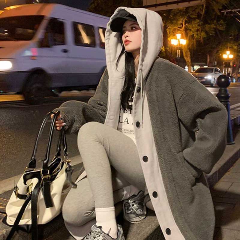 レイヤード風フード付きボアロングコート(3colors)（黒・灰・白）秋/冬