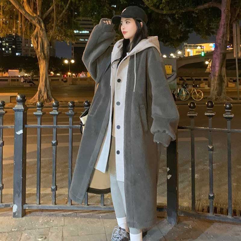 レイヤード風フード付きボアロングコート(3colors)（黒・灰・白）秋/冬