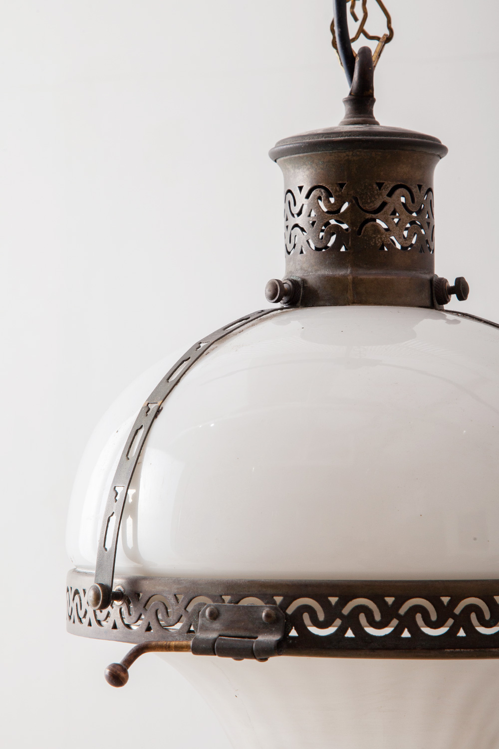 stoop | 1930s Pendant Light in Glass and Brass for Holophane