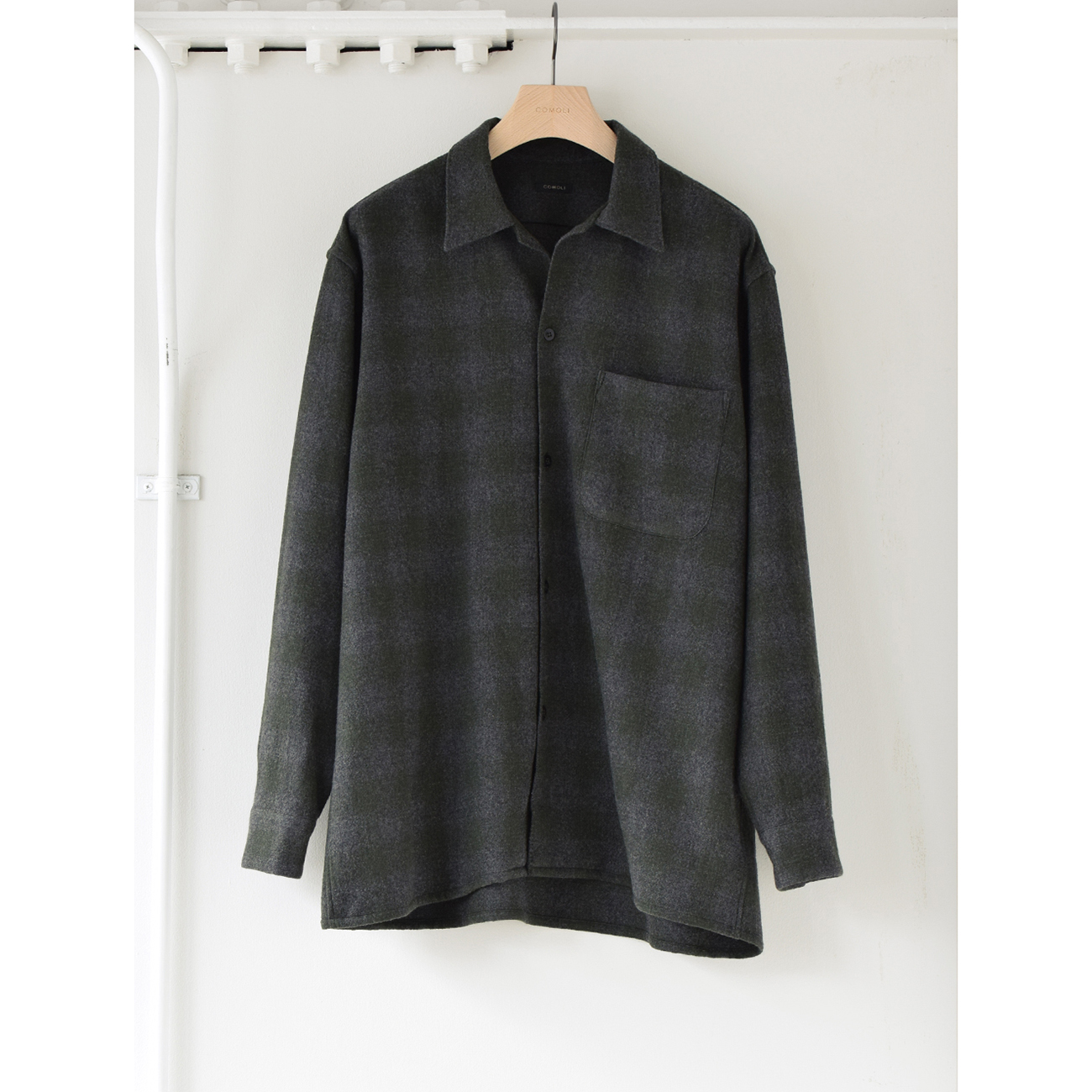COMOLI / コモリ | ウールチェック オープンカラーシャツ - Green