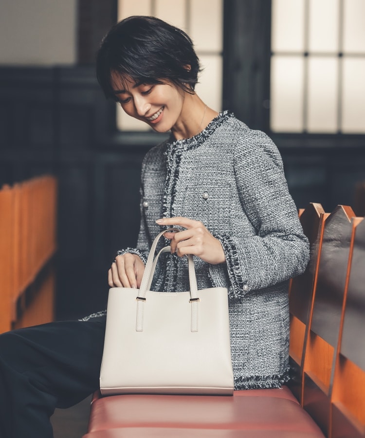 通勤・セレモニー対応》コットンツイードミドルジャケット（ノーカラー