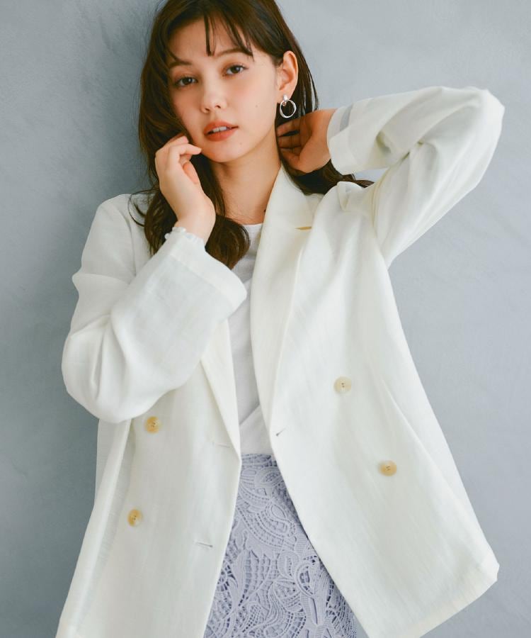 麻調シアーダブルブレストテーラードジャケット【洗濯機洗い可