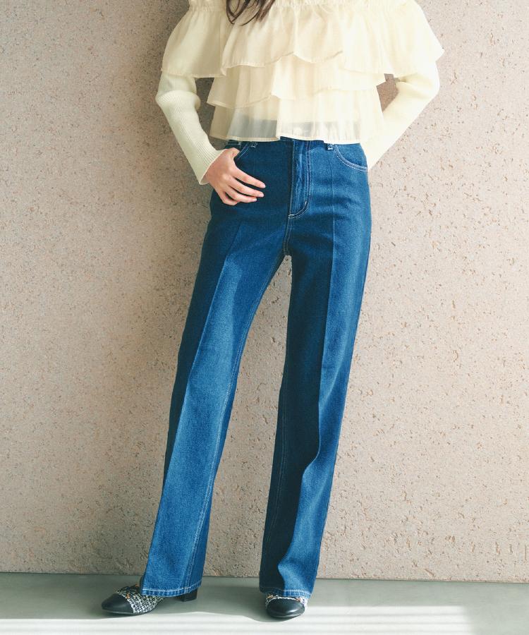 丈が選べる》ストレートデニムパンツ【洗濯機洗い可】（フルレングス