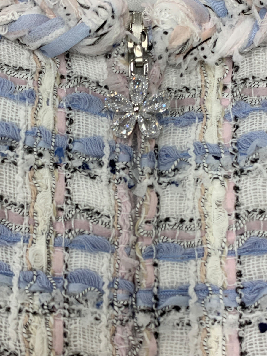 ルネ 6316410 ワンピース 36 ブルー ツイード フラワービジュージップ