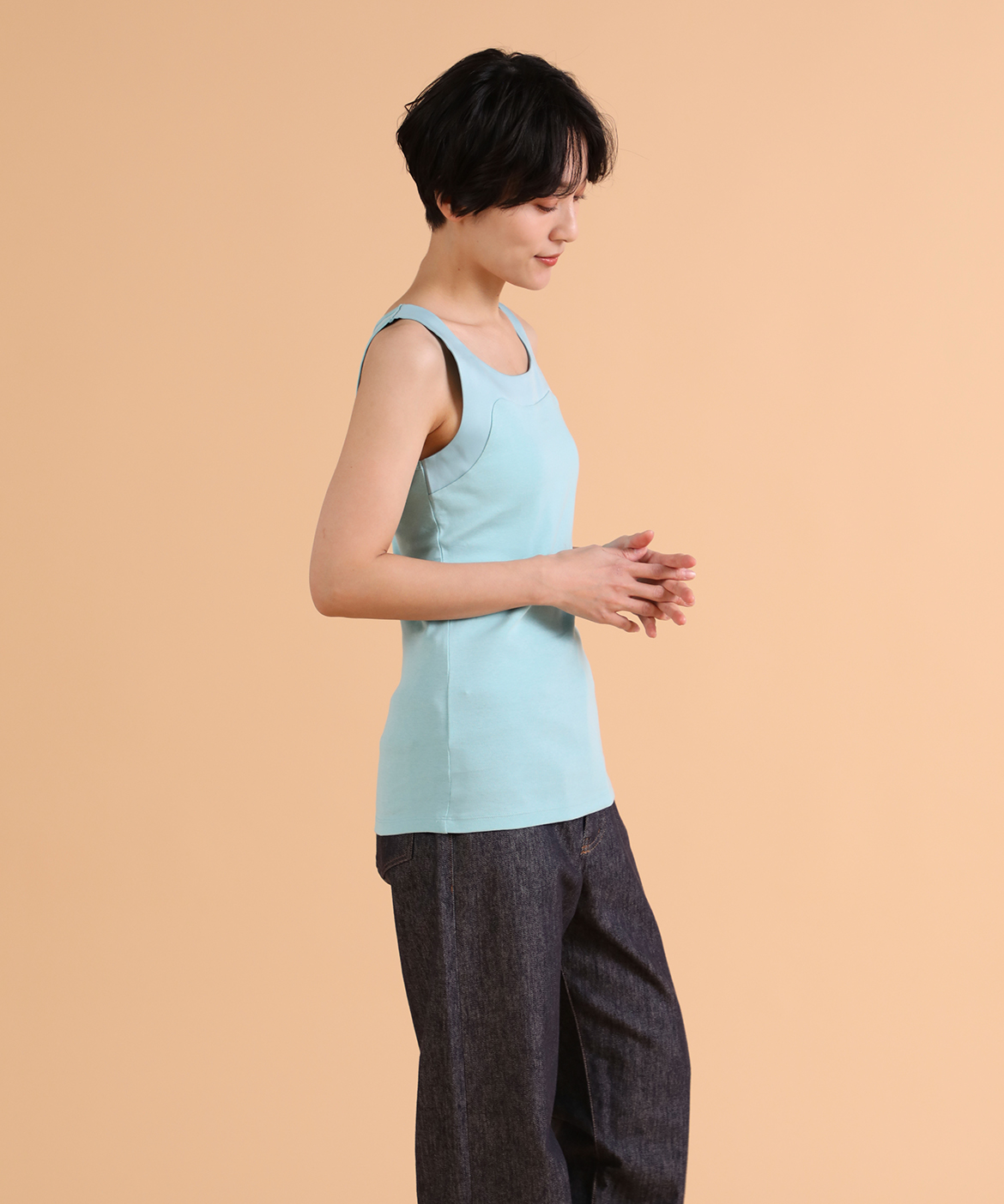 サテン切り替えタンクトップ《スビン綿MIXフライス》｜DAY by DAY It's