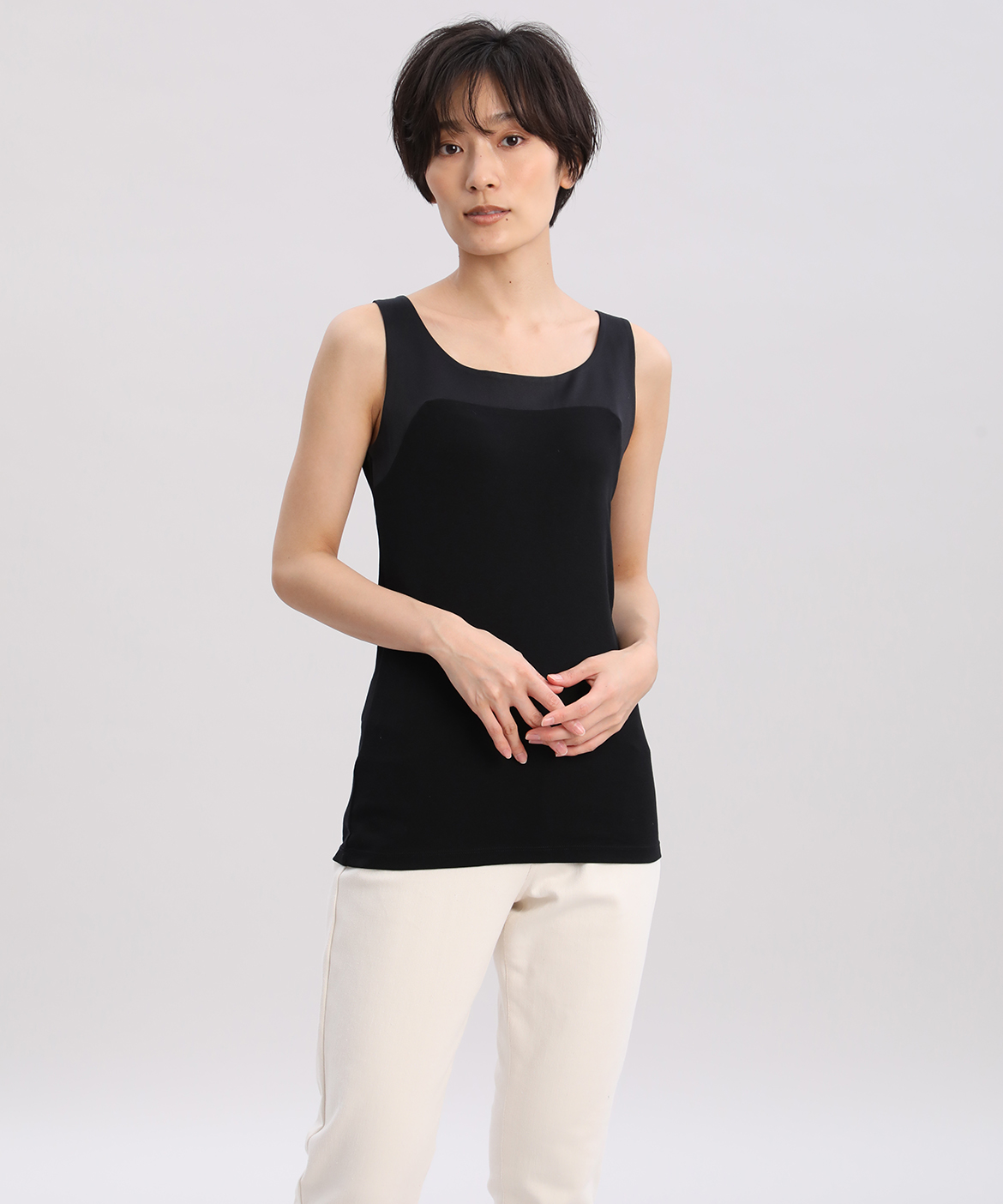 サテン切り替えタンクトップ《スビン綿MIXフライス》｜DAY by DAY It's
