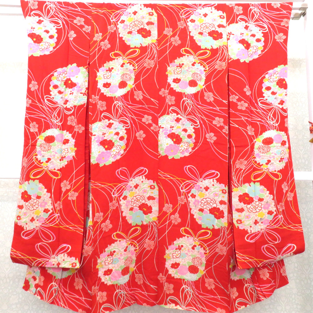 襦袢 振袖用 昔 花くす玉文様 希少 赤 多色 アンティーク 正絹
