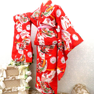子供着物 アンティーク 昔 赤 多色 扇 御所車 冊子 花 雲 宝文様 女児