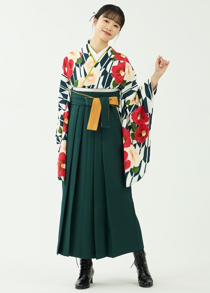 袴レンタルセット「花笑み」矢絣に椿・紺＆無地袴・緑（お取り寄せ品